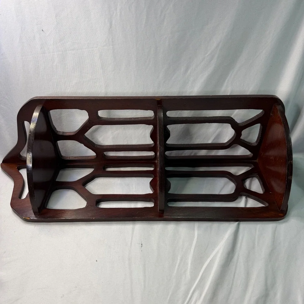 Vintage Dark Wood Corner Wall Shelf Fretwork Cutout 3 Tier Display Rack